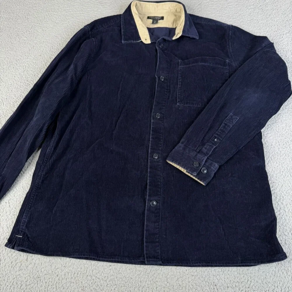 BANANA REPUBLIC Corduroy Shirt Mens XLT Blue Wide Whale Button Organic Cotton